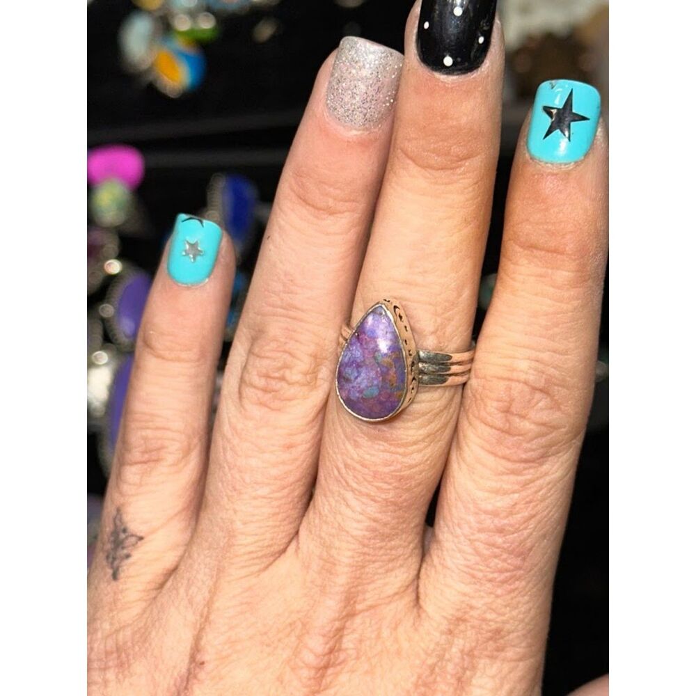 Purple Copper Turquoise Teardrop Sterling Silver Overlay Ring Size 8